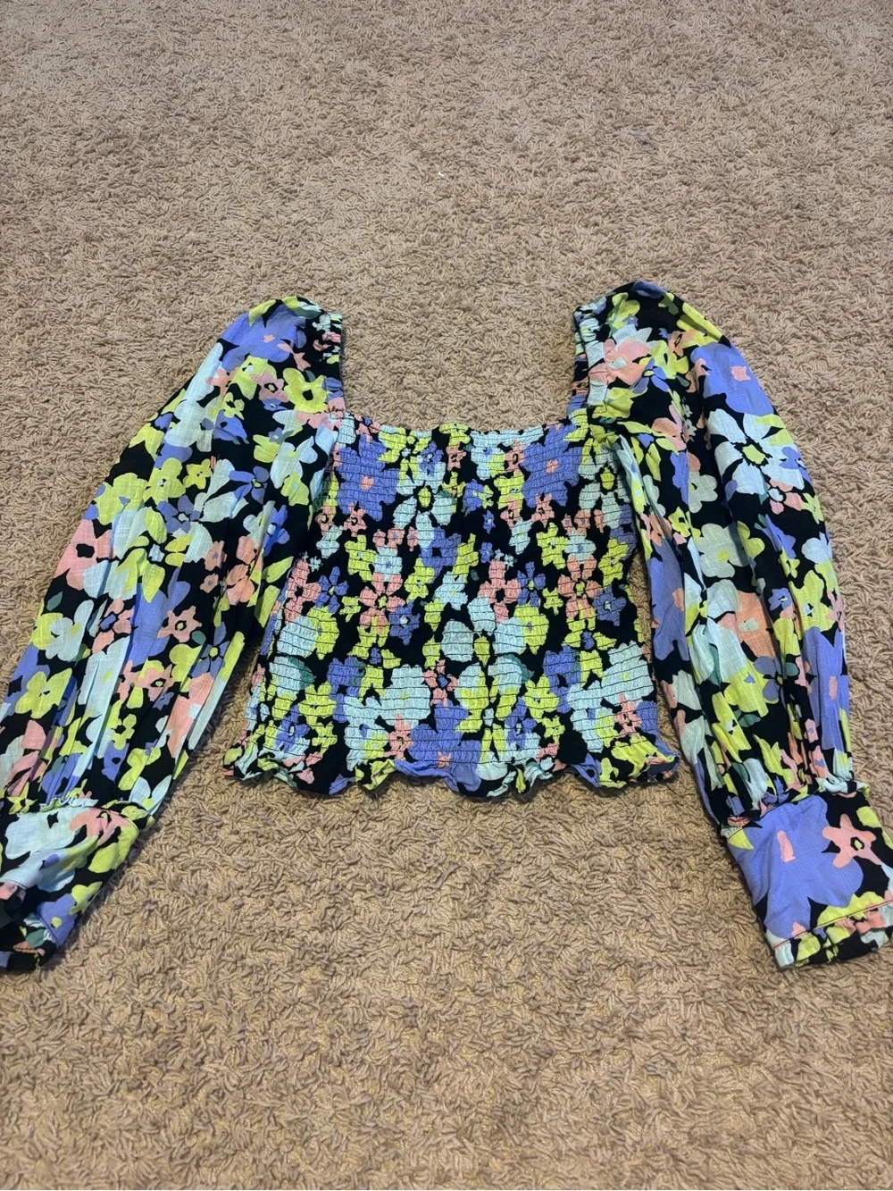 Free people Smocked Floral Off-Shoulder Peasant Top in Black and Pastel